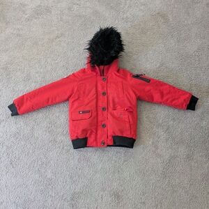 Red Kids Puffer Jacket with Faux Fur Hood
